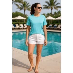 Lands End Womens Sz MED UPF50 Half Slv Sun Shirt AquaBlue Resort Tropical Top